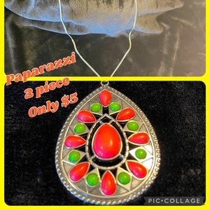 5/$20🛍Paparazzi 2pc tassel earring w/teardrop medallion necklace pink & green